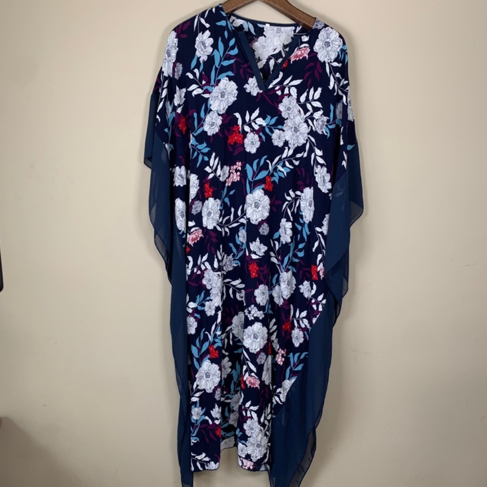 Navy Floral Kaftan/Maxi Dress Sheer Detailing Boho Beach READ